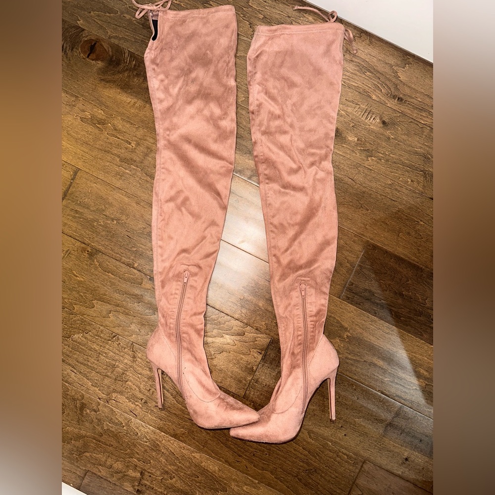 Pink blush thigh high boots